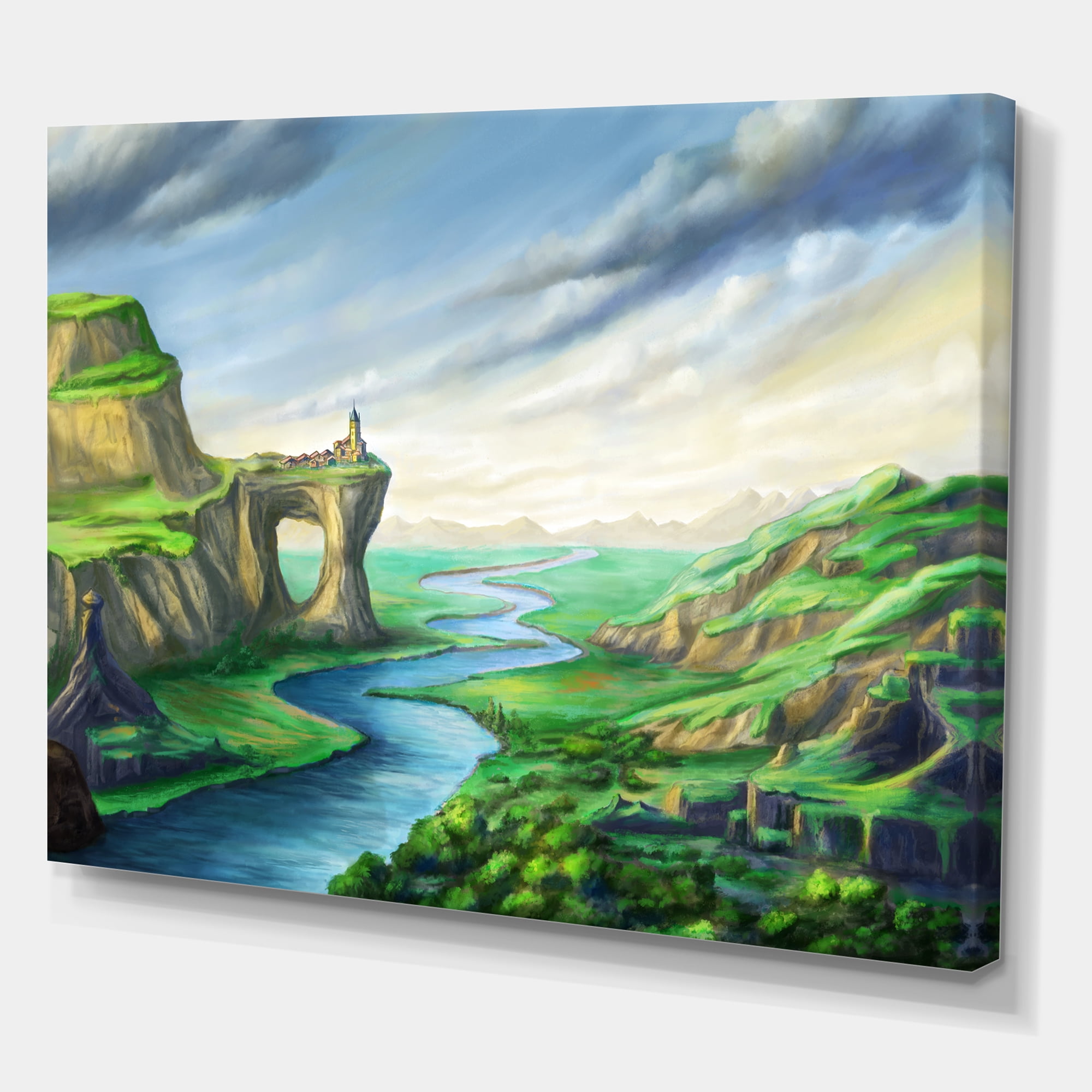 Designart ' Meandering River With Blue Fantasy Landscape ' Lake House Canvas Wall Art Print