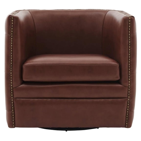 Pemberly Row 18" Top Grain Leather Swivel Tufted Chair in Brown