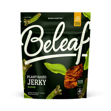 Beleaf Wasabi Plant-Based Jerky: High-Protein Snack – Healthy and Flavorful Vegan Jerky for On-the-Go Energy – Tasty Meatless, Vegetarian Meat Alternative 3.5oz