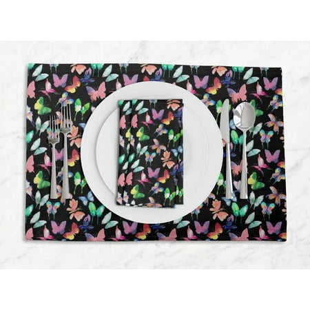 

S4Sassy Black Colorful Butterfly Everyday Washable Placemats With Napkins Dining Table Decor