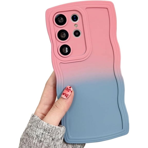 Gradient Curly Wavy Bright Color Silicone Case Compatible with Samsung Galaxy Case (Galaxy S22,Pink-Blue)