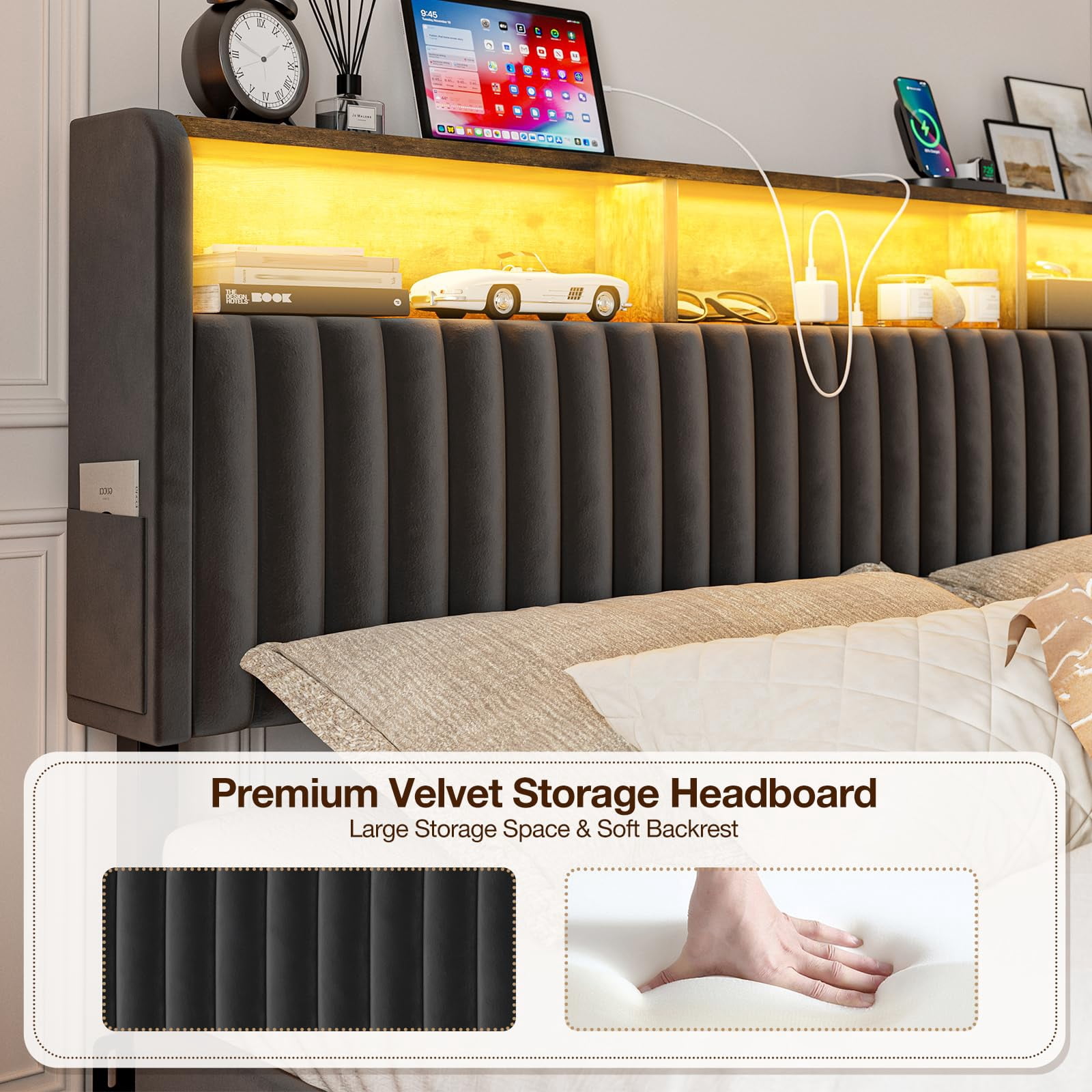 ARICOEASY California King Modern Velvet Upholstered Headboard with Storage Shelf, LED Lights & USB Charging Station, Adjustable Height Freestanding Bed Headboard Only, Black