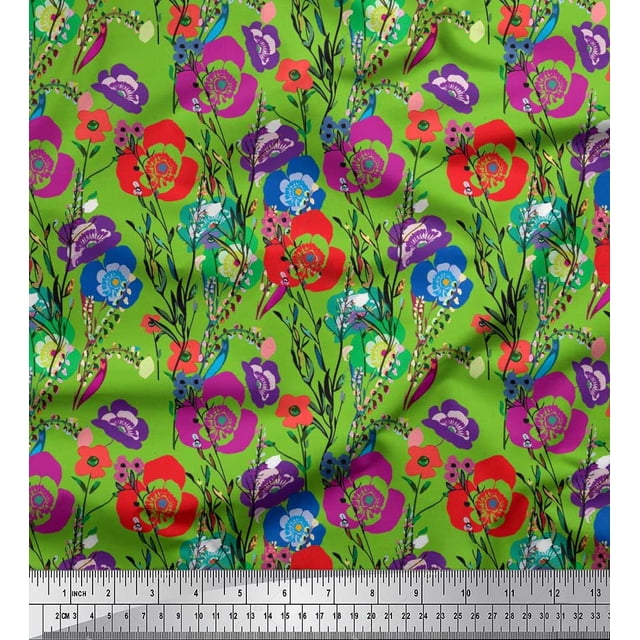 Soimoi Tissu Poly Georgette Feuilles & Coquelicot Imprimé Floral Tissu au Mètre 42 Pouces de Large