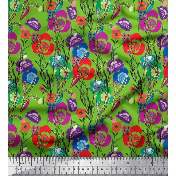 Soimoi Rayon Fabric Leaves & Poppy Floral Printed Fabric 1 Yard 56 Inch Wide