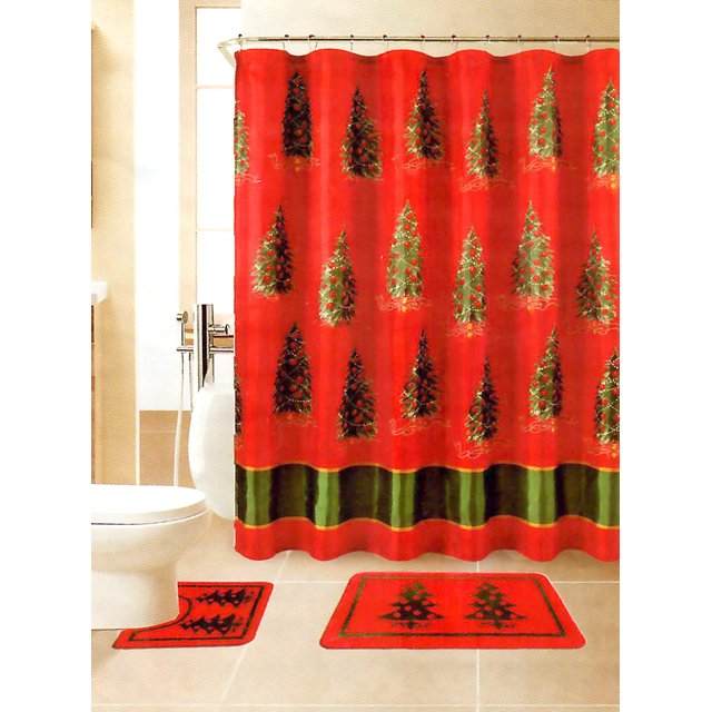 Christmas Tree 15-Pieces Rug Bath Set with Hooks, Red-Green, 70x70 ...