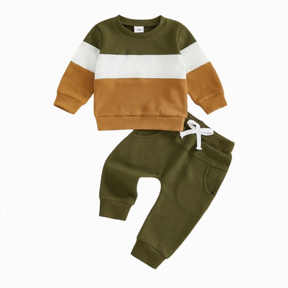 newwalpole Toddler Baby Boy Fall Clothes Waffle Contrast Color Sweatshirt Pants Sets Infant Winter Outfits 6 12 18 24 Months Army Green for Size 2-3 Years