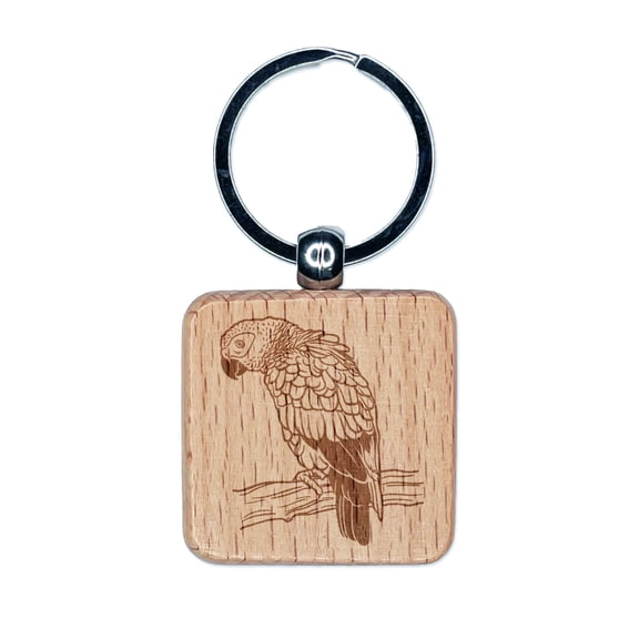 African Grey Parrot on a Branch Square Keychain Charm Tag - Engraved Wood