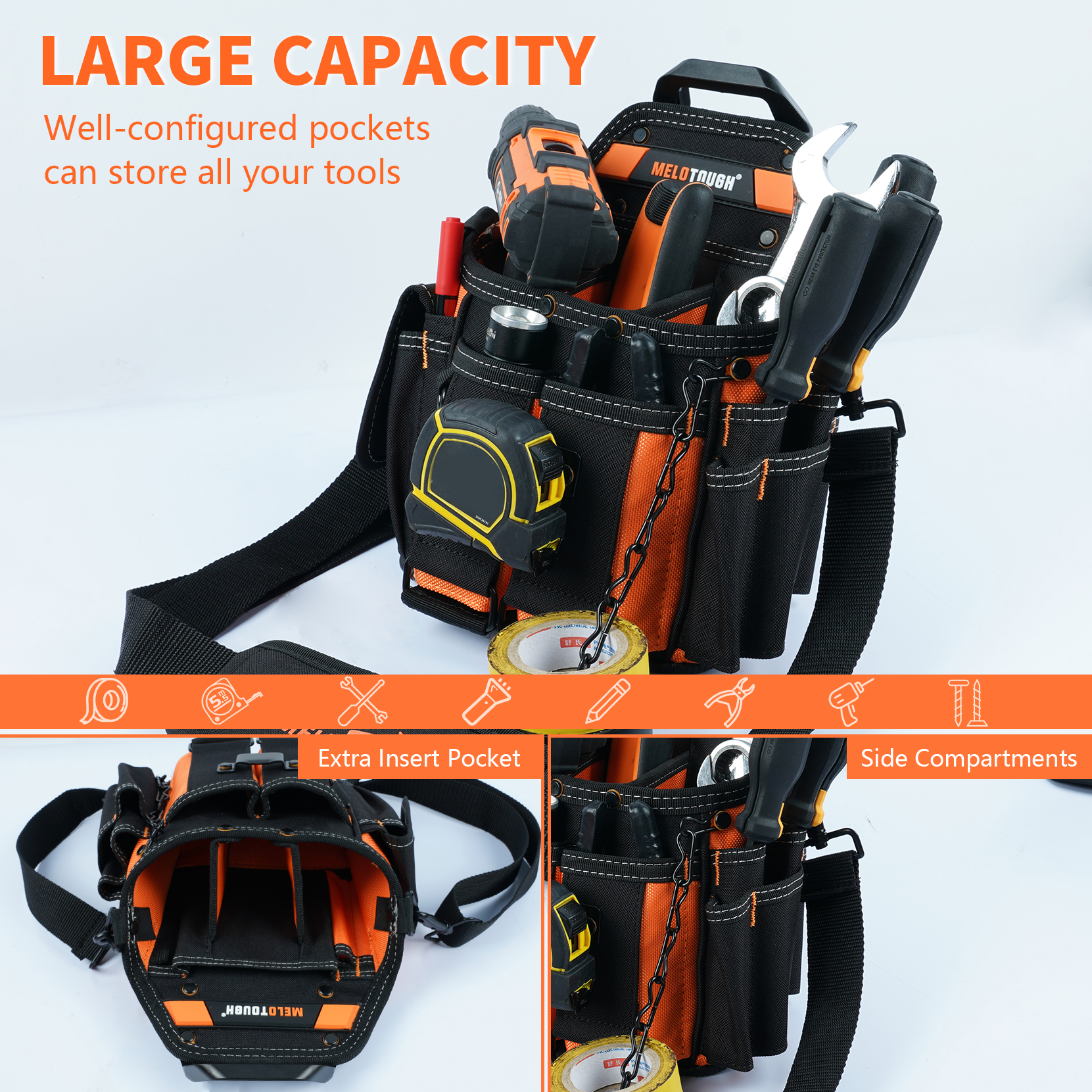 MELOTOUGH Electrician Tool Pouch Bag with Shoulder Strap Professional 15 Pockets Tool Pouch with Belt Clip Quickly Attach and Release Tool Bag