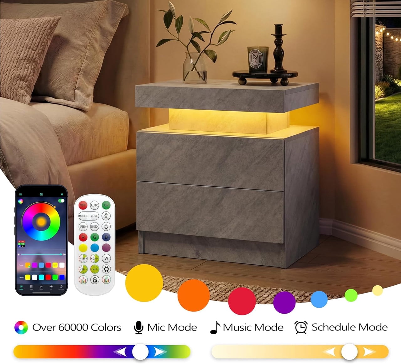Howcool LED Nightstand, 2 Drawer Bedside Side Table with LED Lights for Bedroom Living Room