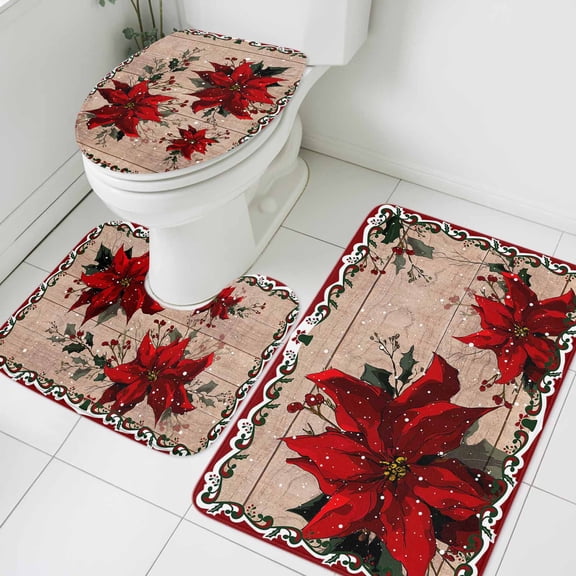 Christmas Poinsettia Bathroom Rugs Set Winter Red Floral Pine Leaf Wood Grain Non Slip Absorbent Soft Bath Mats 3 Piece Set with Bathroom Rug, U-Shaped Floor Mat, Toilet Seat Cover Small Size