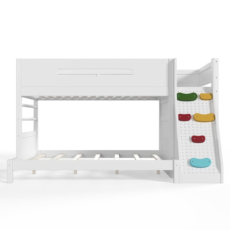Twin/Twin XL Over Full Bunk Bed with Built-in Wardrobe, Storage Shelves, Rock Climbing Wall, Solid Wood Bunk Bed Fram with Full-Length Guardrails, No Box Spring Needed