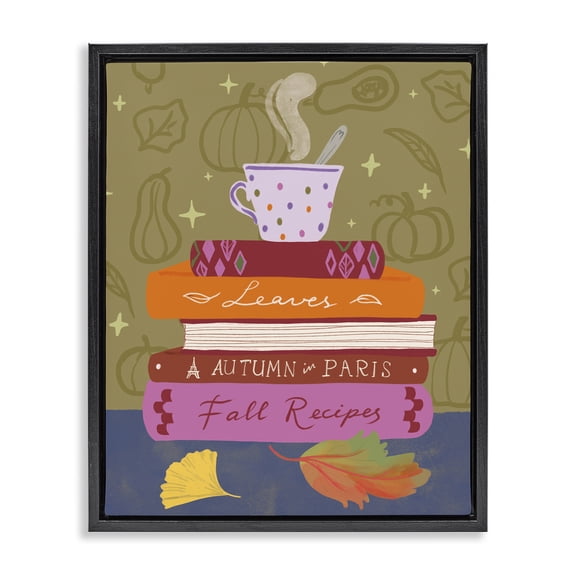 Stupell Industries Autumnal Mug on Bookstack Education Painting Black Floater Framed Canvas Art Print Wall Art, 17 x 21