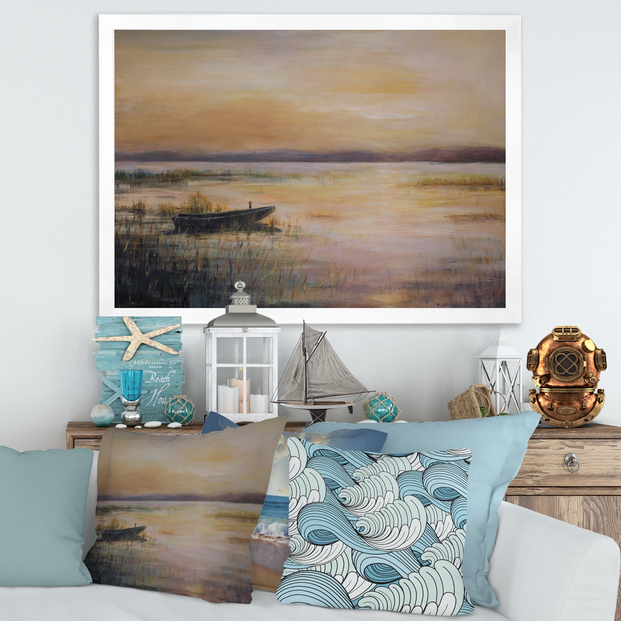 Designart 'Pastel Boat Sunset Over The Lake' Nautical & Coastal Framed Art Print