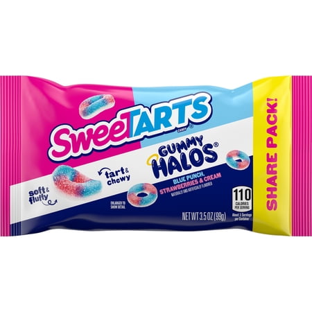 SweeTARTS Gummy Halos, Candy, Blue Punch and Strawberries and Cream, Tart and Chewy, Soft and Fluffy, 3.5 oz