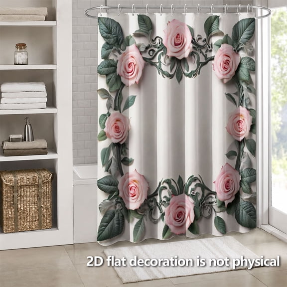 Hoease Pink Rose Floral Wreath Frame Shower Curtain, 71W x 71L Inch Waterproof Fabric Bathroom Curtain with 12 Hooks, Elegant Romantic Bath Decor