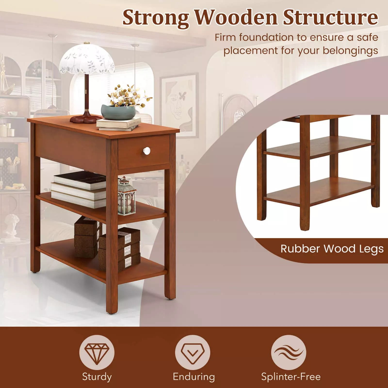 Auranook Set of 2 Narrow End Tables w/Drawer Shelves & Rubber Wood Legs Sofa Side Table