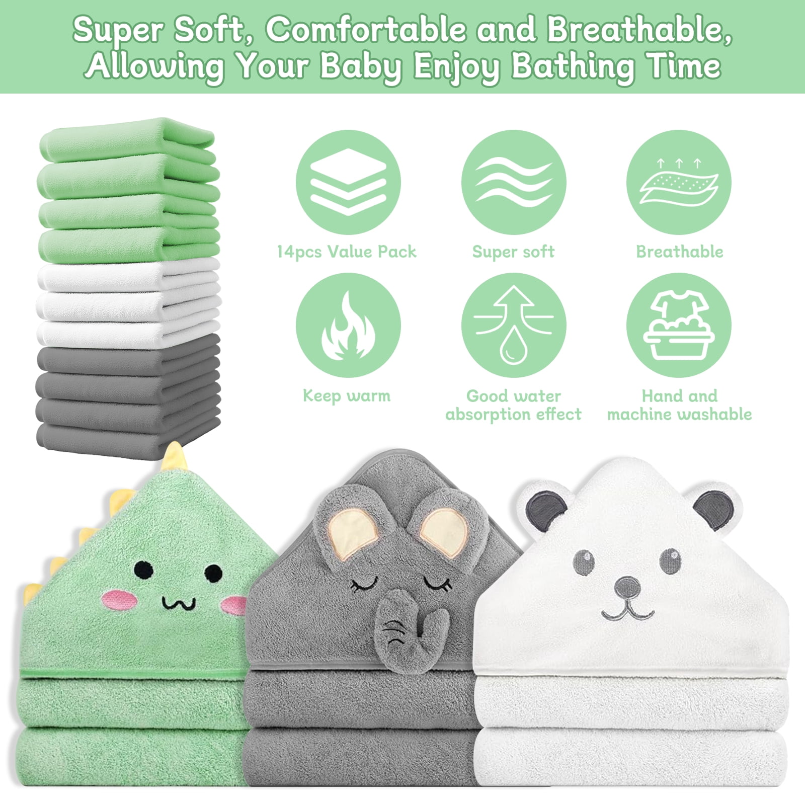 14 PCS Baby Towels, 3 PCS Soft Hooded Baby Towels & 11 PCS Washcloths, Baby Bath Towels for Newborns, Infants & Toddlers- Ultra Absorbent, Cute Baby Towel Gift for Boys