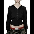 thumbnail image 1 of Cárdigan Corto de Larga con Cuello en V y Abertura Frontal para Mujer, Camisa de Otoño con Botones. Negro M, 1 of 8