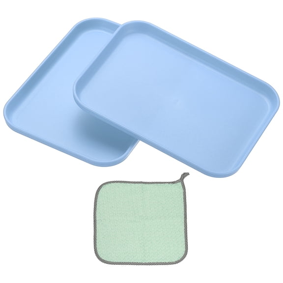 7.9x5.9" Rectangular Plates, 2 Pack Wheat Plastic Dinner Plates Dishes Reusable Unbreakable Dessert Plate Trays with Cloth for Cake Fruits Salad Cupcake Steak Serving Blue