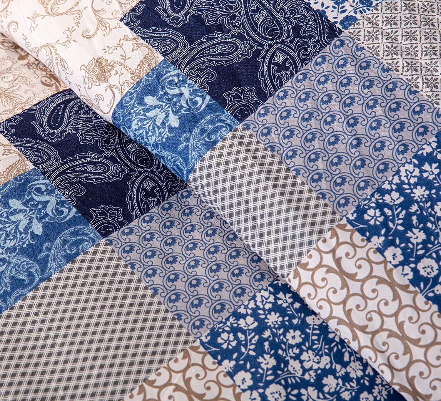 Chezmoi Collection Kai 3-Piece Floral Paisley Patchwork Printed Comforter Set, Navy Blue