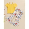 thumbnail image 3 of Suealasg Toddler Girls Clothes 6M 1T 2T 3T 4T 5T Short Sleeve Bow Button Closure T-shirt +Flower Print Flare Pants 2Pcs Little Girls Summer Casual Outfits, 3 of 6