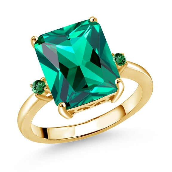 Gem Stone King 18K Yellow Gold Plated Silver 12X10MM Green Nano Emerald 3 Stone Engagement Ring for Women | 5.53 Cttw | Gemstone May Birthstone | Size 5