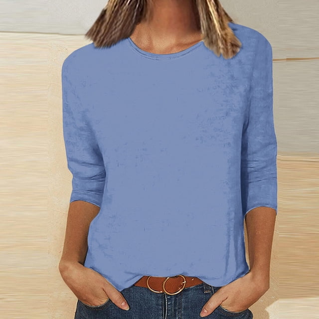 UPPADA 3/4 Chemises à Manches pour Femmes Mode Tendance Hauts Décontractés Col Rond Chandail Ample Blouses Confortables Douces Grande Taille Coupe Ample T-Shirts Décontractés Vêtements Coudes Hauts à Manches 3/4 pour Femmes en Liquidation