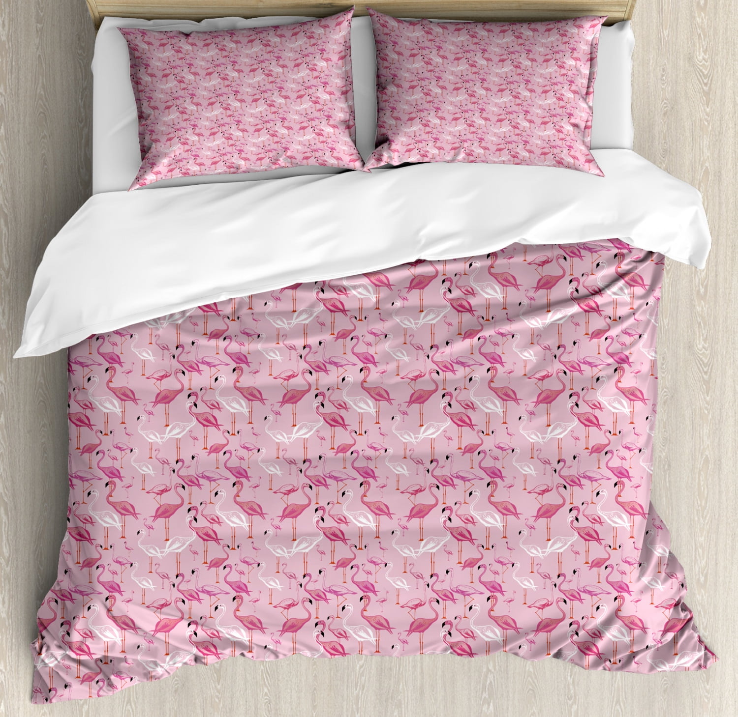 Flamingo Duvet Cover Set King Size, Hand Drawn Animals in Pinkish Tones