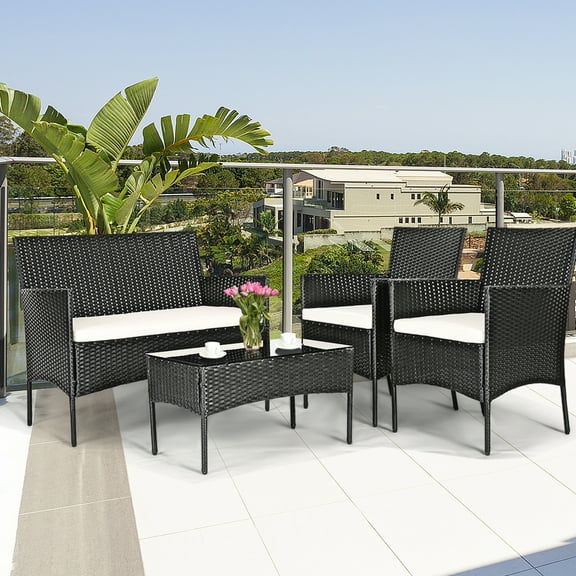 Gymax Fashion 4PCS Outdoor Furniture Set Patio Rattan Conversation Set w/ Beige Cushion