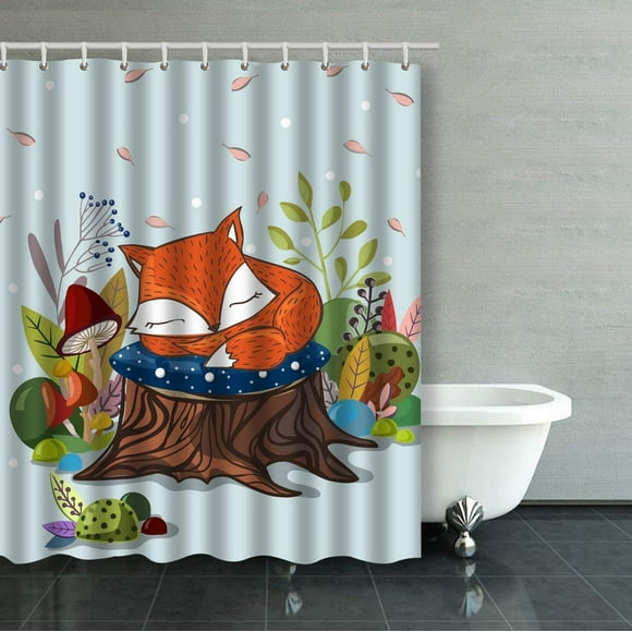 RYLABLUE Slipping Baby Fox Mushrooms And Stub Lovely Cute Children Illustration Shower Curtain Bathroom Curtain 60x72 inches