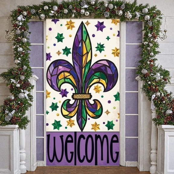 Colorful Polka Dots Mardi Gras Banner Gold Glitter Welcome Display Purple Green Gold Color Decorative Design Festival Backdrop for Mardi Gras Party Welcome Event Festival Celebration