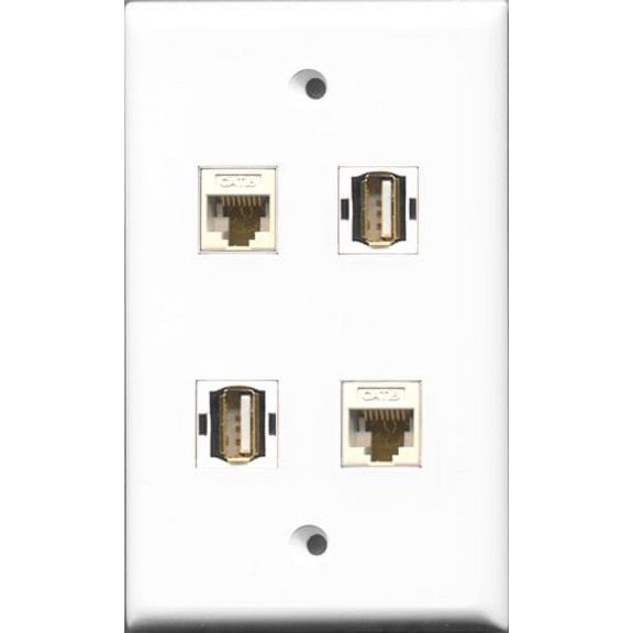 RiteAV - 2 Port USB A-A 2 Port Cat6 Ethernet White Wall Plate