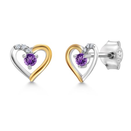 Gem Stone King 925 Sterling Silver and 10K Yellow Gold Purple Amethyst and White Lab Grown Diamond Heart Shape Earrings for Women (0.14 Cttw, Gemstone February Birthstone, Round 2.5MM)