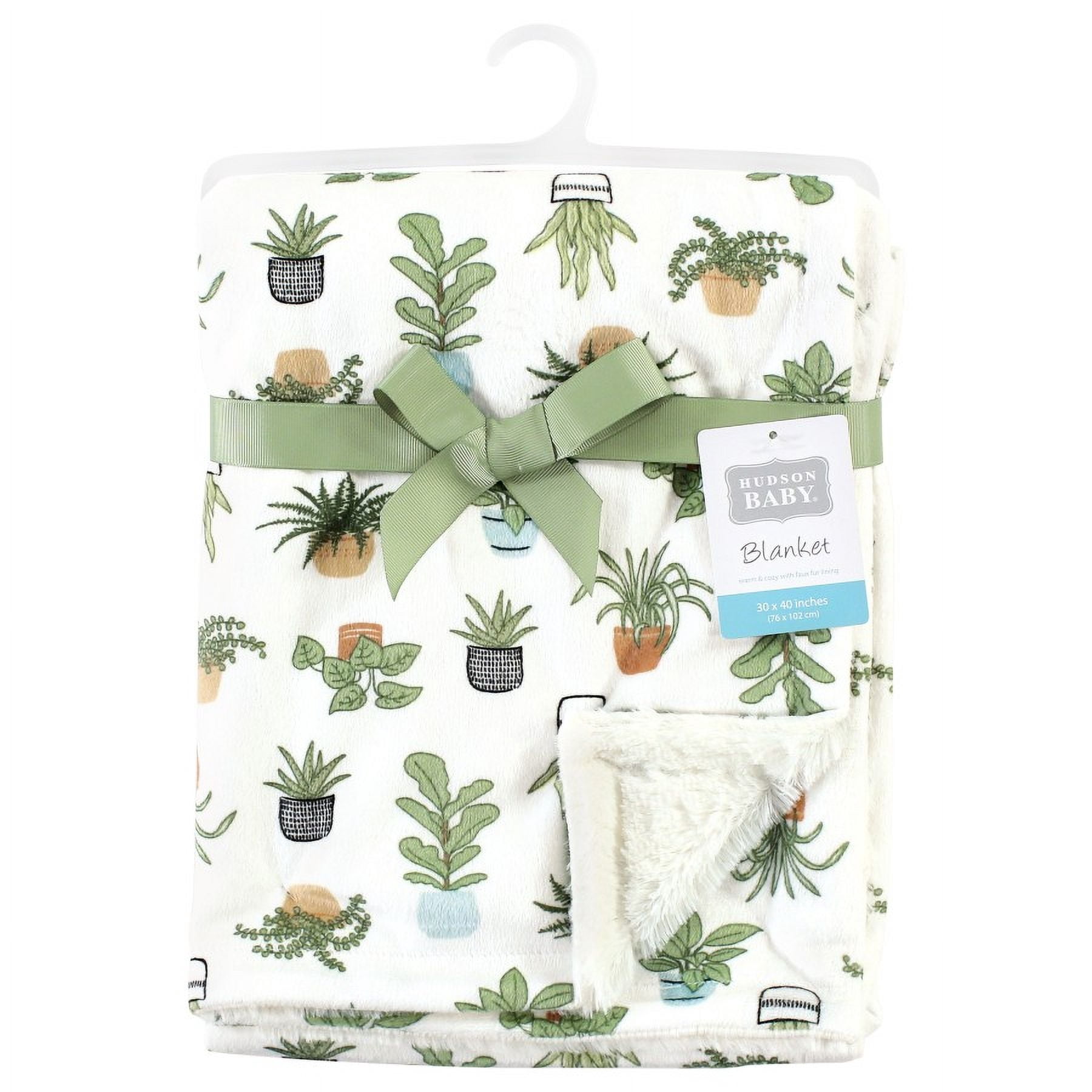 Hudson Baby Plush Blanket with Furry Binding and Back, Plants, One Size