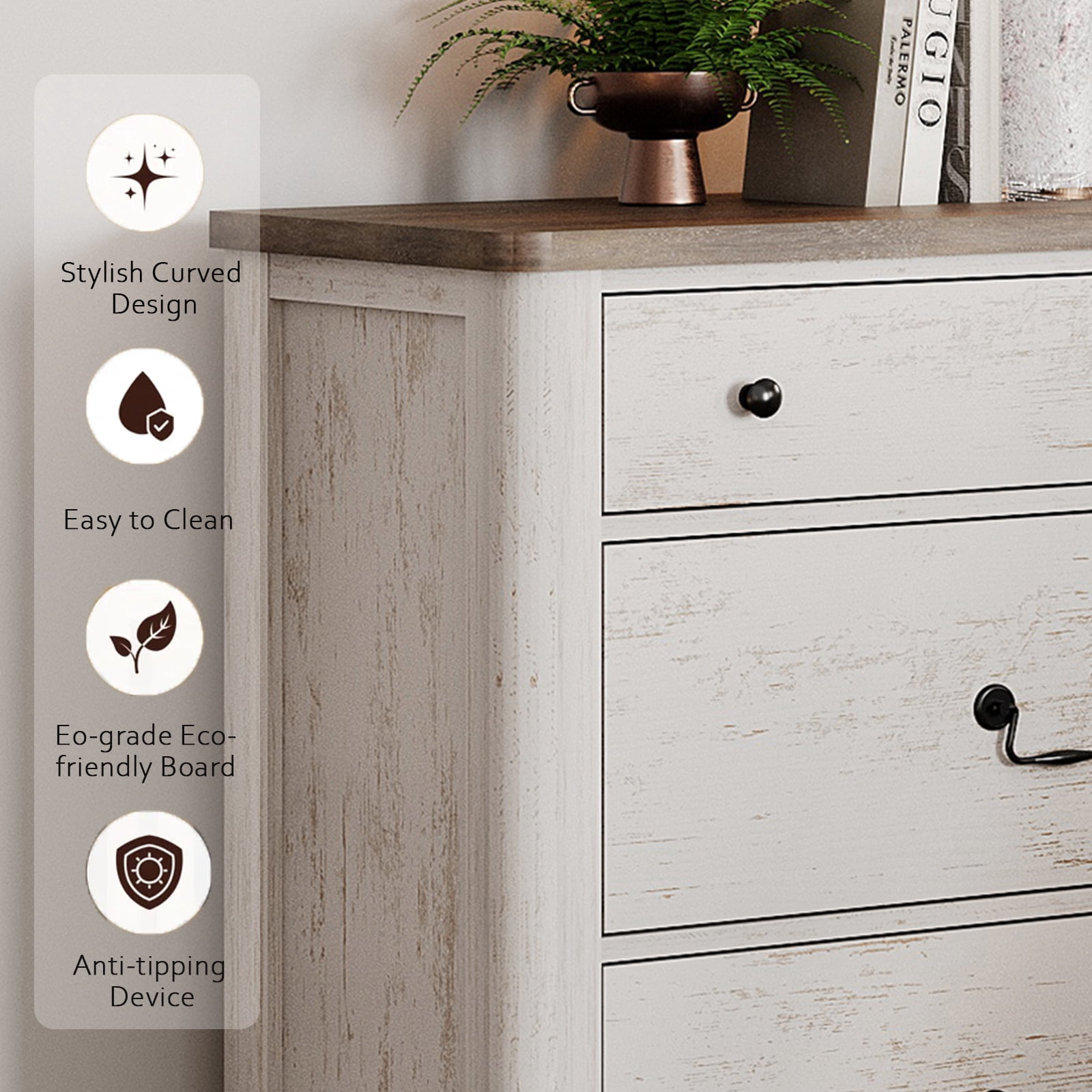 WAMPAT Farmhouse Nightstand with 3 Drawers, Large Wood Bedside Table Night Stand for Living Room, Bedroom, White