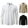 thumbnail image 4 of USNSM Men's Linen Cotton Retro Lace Up Shirt Long Sleeve Stand Up Collar Drawstring Top Casual Pullover Henley Shirt White XL, 4 of 9