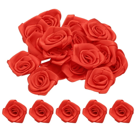 Uxcell 50pcs 3cm Ribbon Roses for Crafts Artificial Fabric Flowers, Red