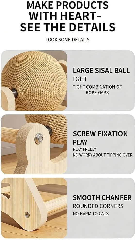 Wooden Cat Scratcher with Sisal Ball, Round Interactive Scratching Board, Durable Indoor Pet Toy for Cat Kitten Claw Care Stress Relief Household Use(k)
