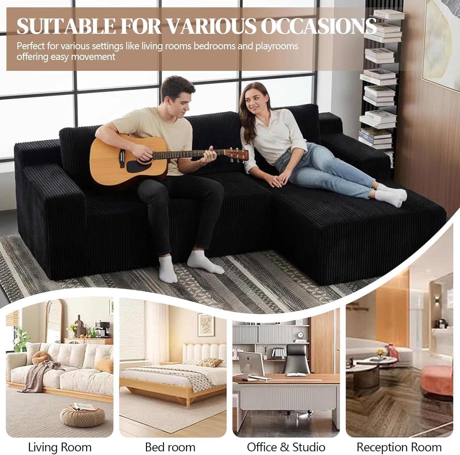 96.5" Corduroy Modular L Shaped Sectional Sofa for Living Room Bedroom, No Assembly, Black
