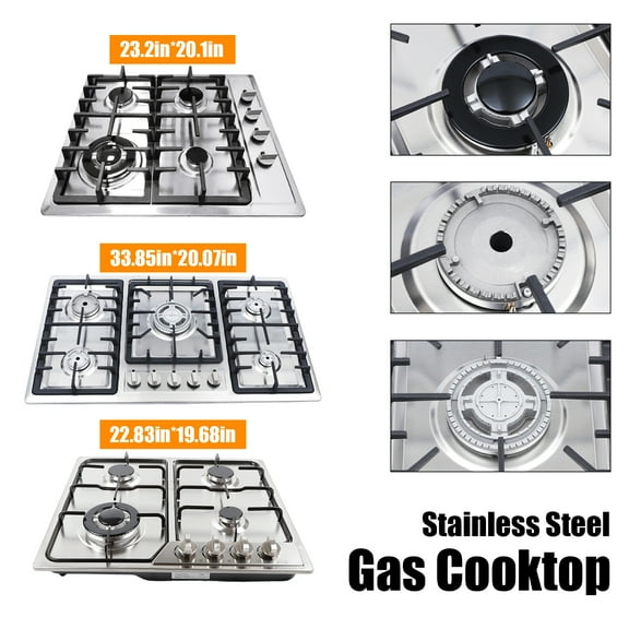 Toolven Built-in Gas Cooktop – Stainless Steel 5-Burner Stove, High-Efficiency Cooking, Anti-Slip Cast Iron Grates, Pulsed Ignition, Automatic Flameout Safety Device