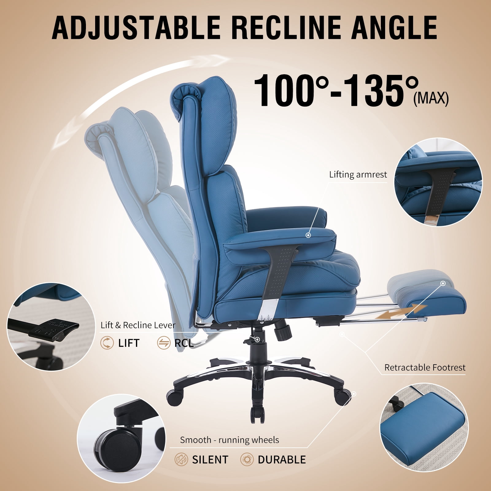 ATMILD 400lbs Big and Tall Ergonomic Office Chair Comfortable PU Leather Executive Desk Chair with Footrest and Lumbar Support (Blue)