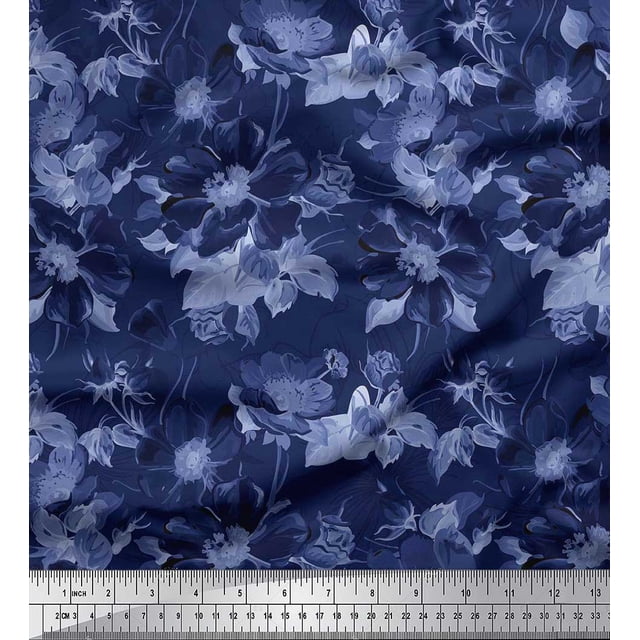 Soimoi Blue polyester Crepe Fabric Leaves & Floral Printed Fabric 1 Yard 52 Inch Wide