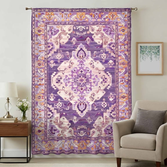 Purple Orange Boho Sheer Curtains 84 Inches Long, Ethnic Geometric Middle Century Art Light Filering Curtains, Breathable Simi Curtain Privacy Drapes for Living Room Bedroom Window Treatment
