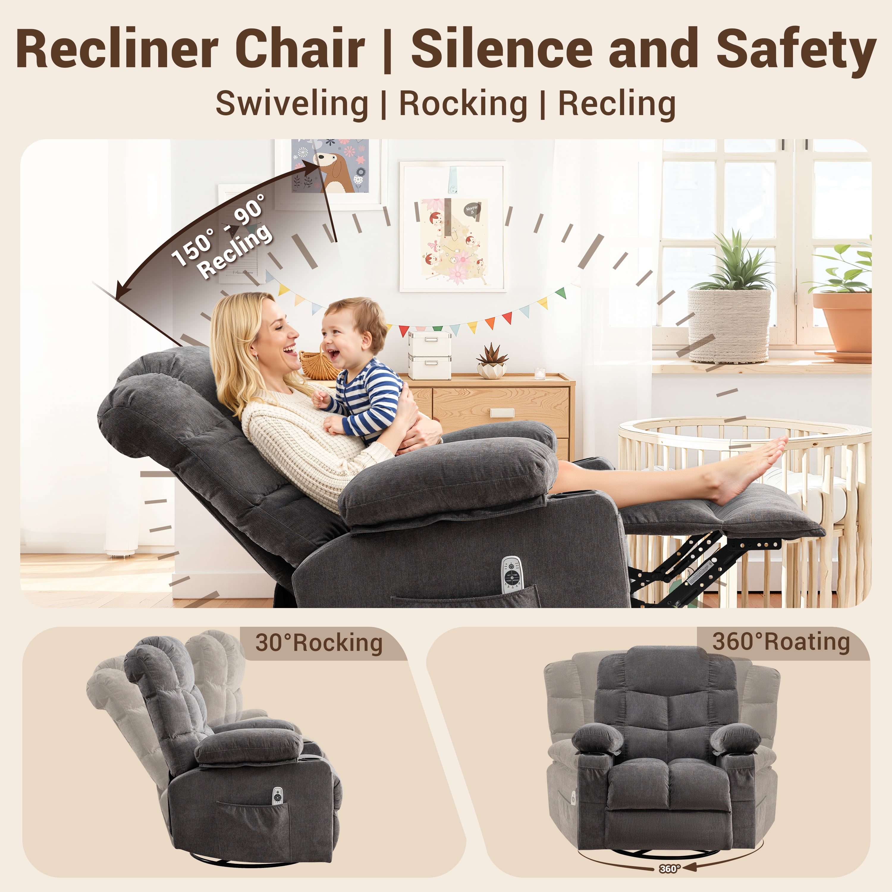 Swivel Rocker Chair, LEGAHOME Manual Glider Rocking Chair for Nursery with Massage and Heat, 22.8in Glider Massage Recliner Chairs for Adults, with Cup Holder and Side Pocket, Gray