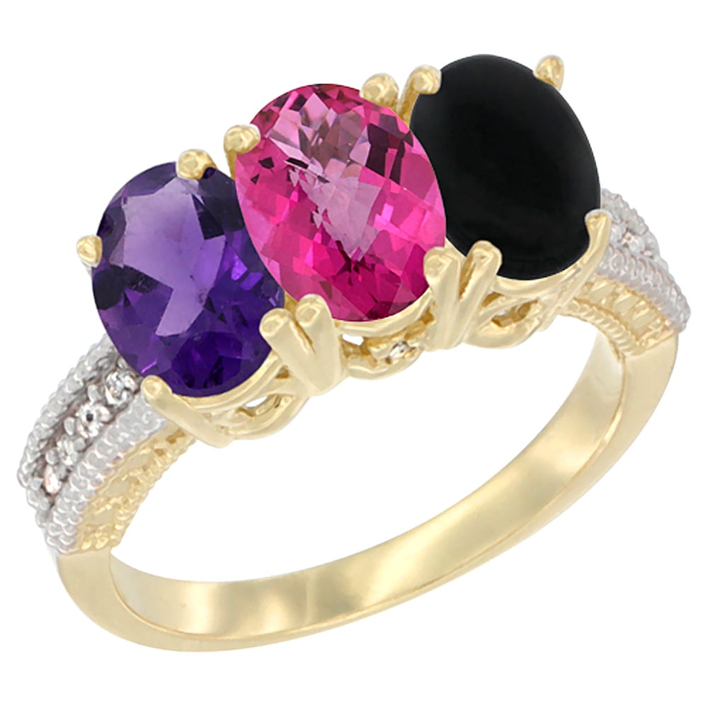 10K Yellow Gold Diamond Natural Amethyst, Pink Topaz & Black Onyx Ring Oval 3-Stone 7x5 mm,sizes 5-10 by WorldJewels