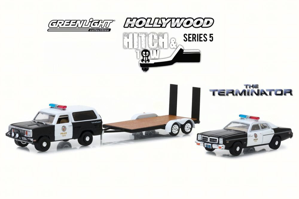 Greenlight Hollywood Hitch & Tow Series 5 The Terminator 1977 Dodge Ram Charger with 1977 Dodge Monaco Metropolitan Police on Flatbed Trailer 1/64 Diecast Vehicle 