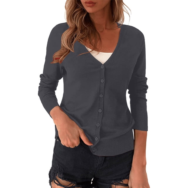 IMENGL V Neck Plus Size Cardigan Sweater Solid Color Knitted Long Sleeve Short, Gray 3XL, Size M-3XL