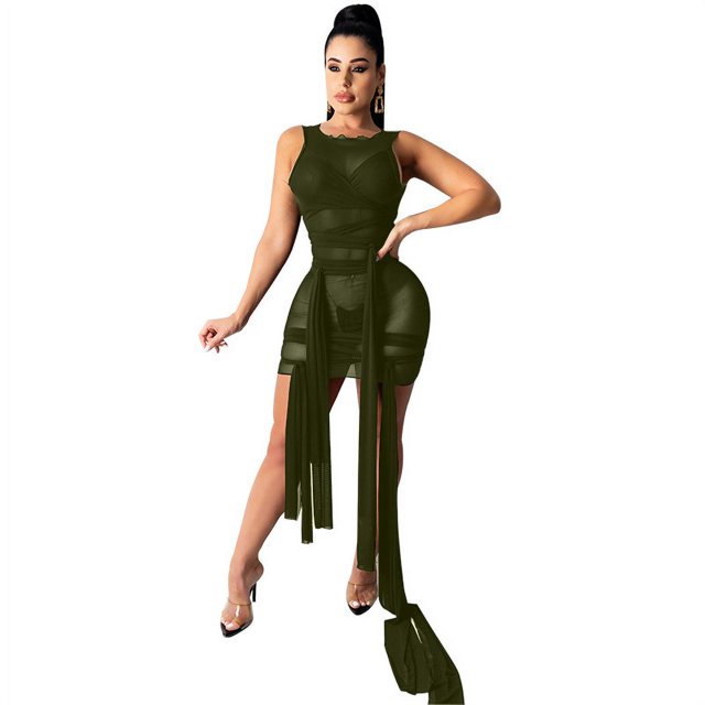 Nouvelle Robe Sexy pour Femmes Robe en Maille Robes à Bandage Robe Mini Sans Manches Élastique Couleur Unie Robe de Nuit Sexy