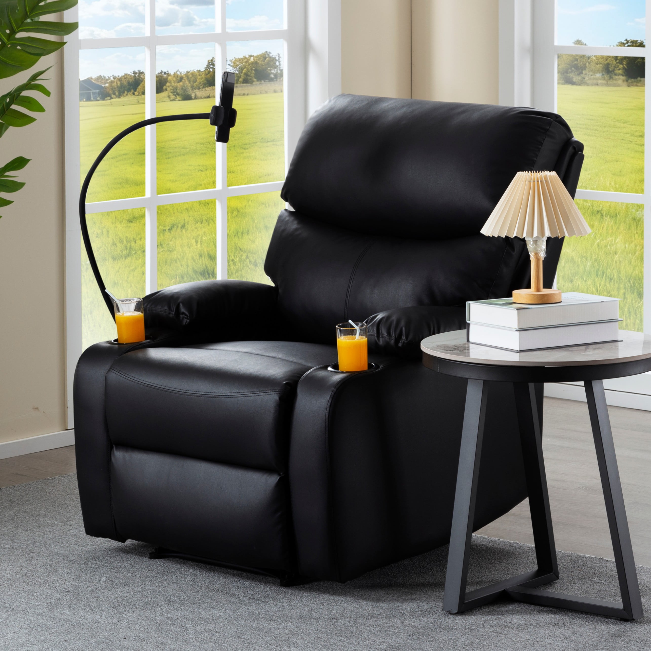 BSHTI Manual Recliner Chair with Phone Holder & Cup Holders, PU Upholstery, Ergonomic Backrest, Solid Wood Frame for Living Room & Bedroom(Black)