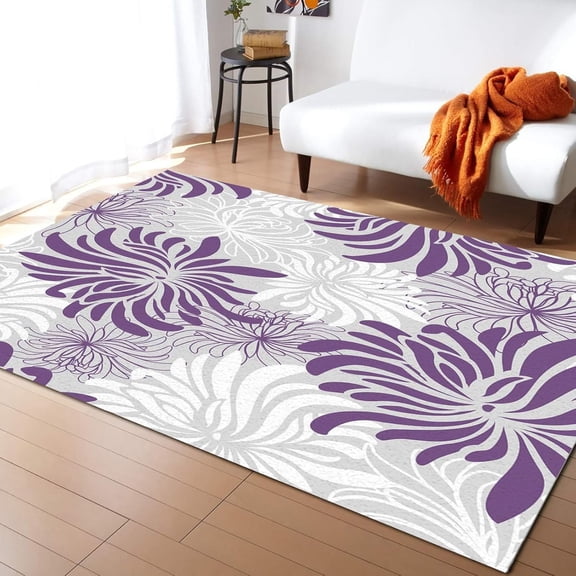 White Grey Chrysanthemum Flower Area Rug Purple Floral Living Room Rugs, Indoor Non-Slip Rugs, Machine Washable Breathable Durable Carpet For Bedroom Front Entrance Floor Decor 5x7ft